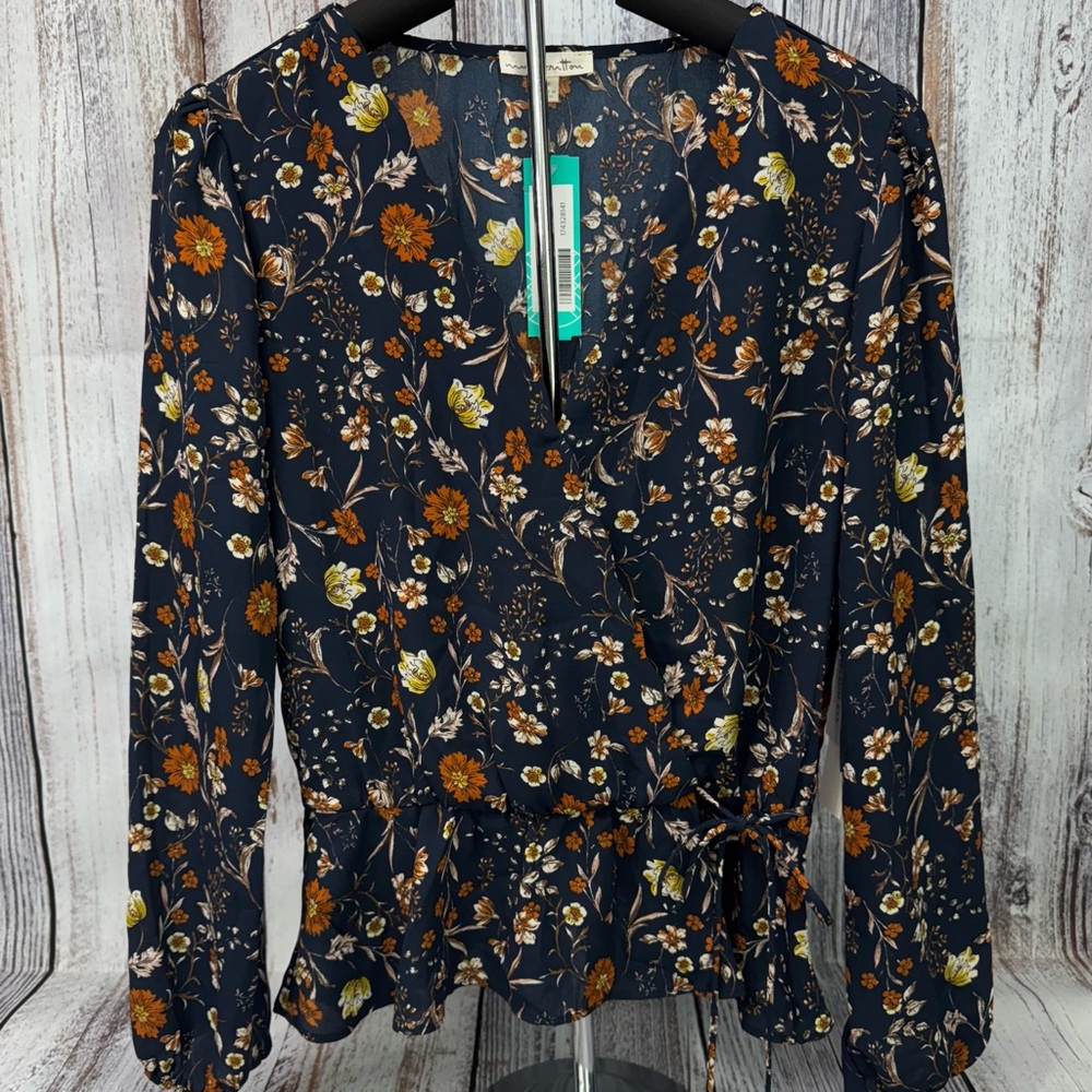nine britton Navy Floral Wrap Blouse with Mustard and Cream Flowers